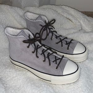Platform suede high top converse with fuzzy inside